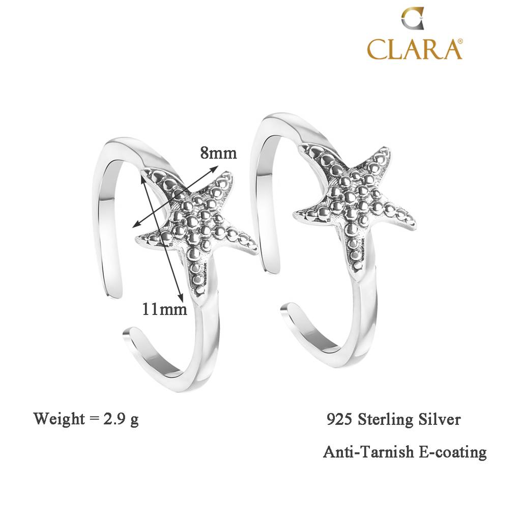 Clara 925 Sterling Silver Size Adjustable Star Fish Toe Rings Pair For Women & Girls : CSTR6