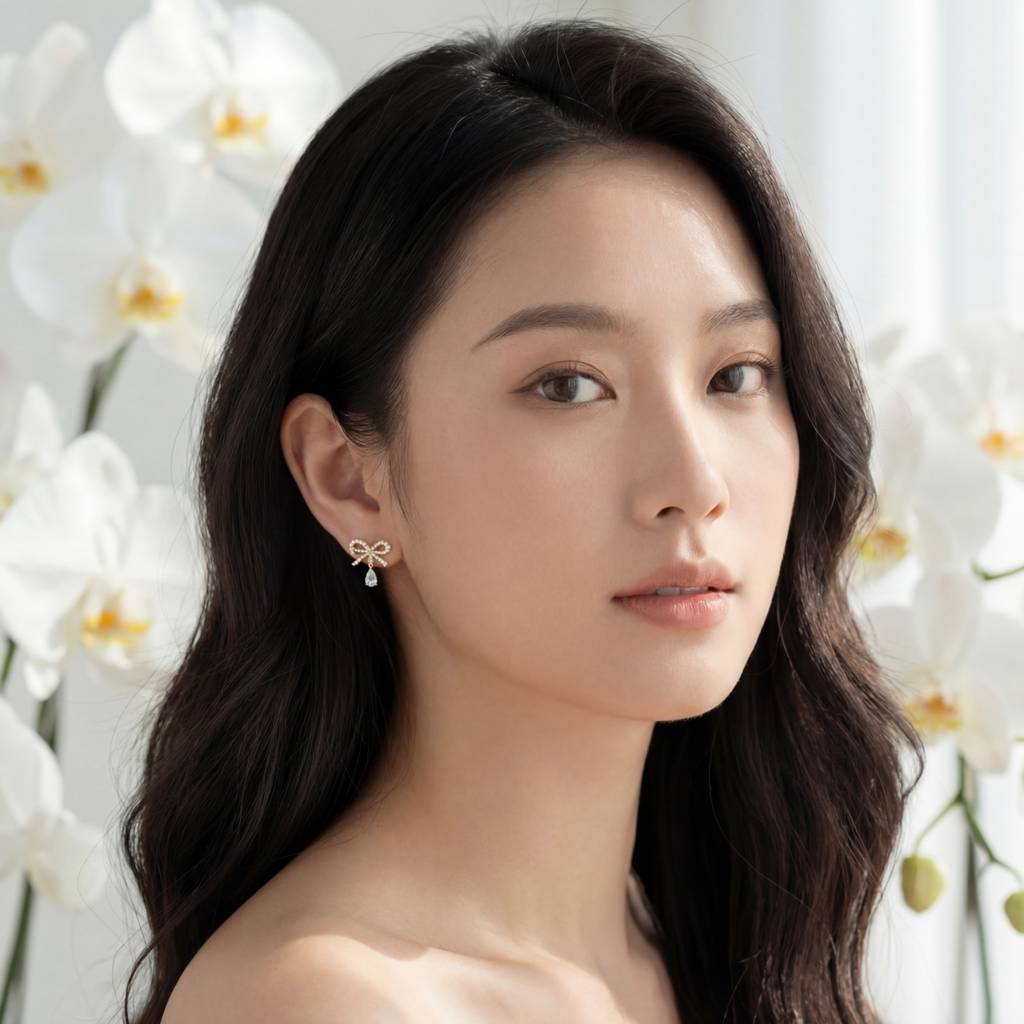 Korean Bow Earrings With Teardrop  Charms : YUFSER241