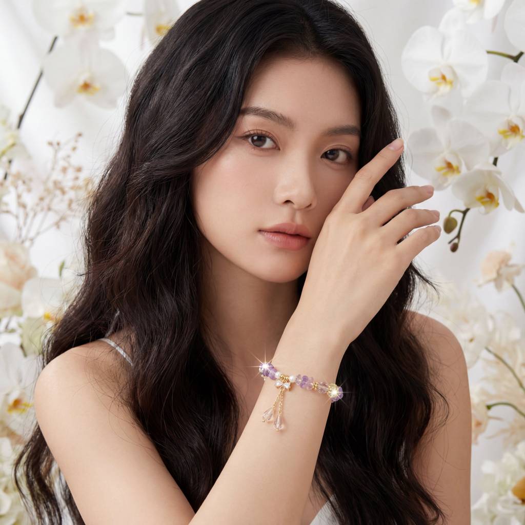 Korean Celestial Harmony Amethyst & Citrine Beaded Charm Bracelet : YUFSBR201