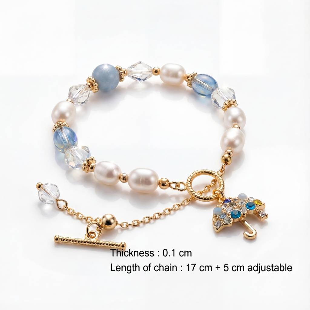 Korean Serene Sky Pearl & Crystal Umbrella Charm Bracelet : YUFSBR202