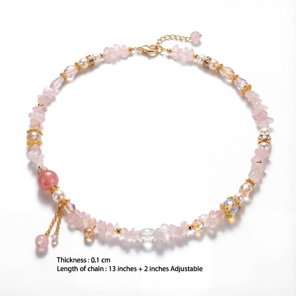 Korean Artisan Rose Quartz & Mixed Gemstone Charm Choker : YUFSNL245