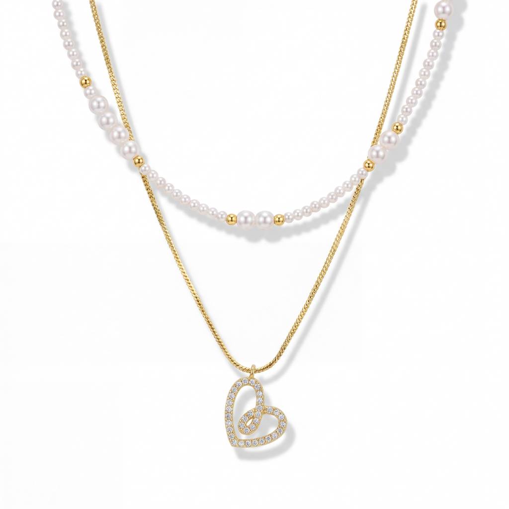 Korean Dainty Gold Heart & Seed Pearl Layering Necklace Set : YUFSNL244