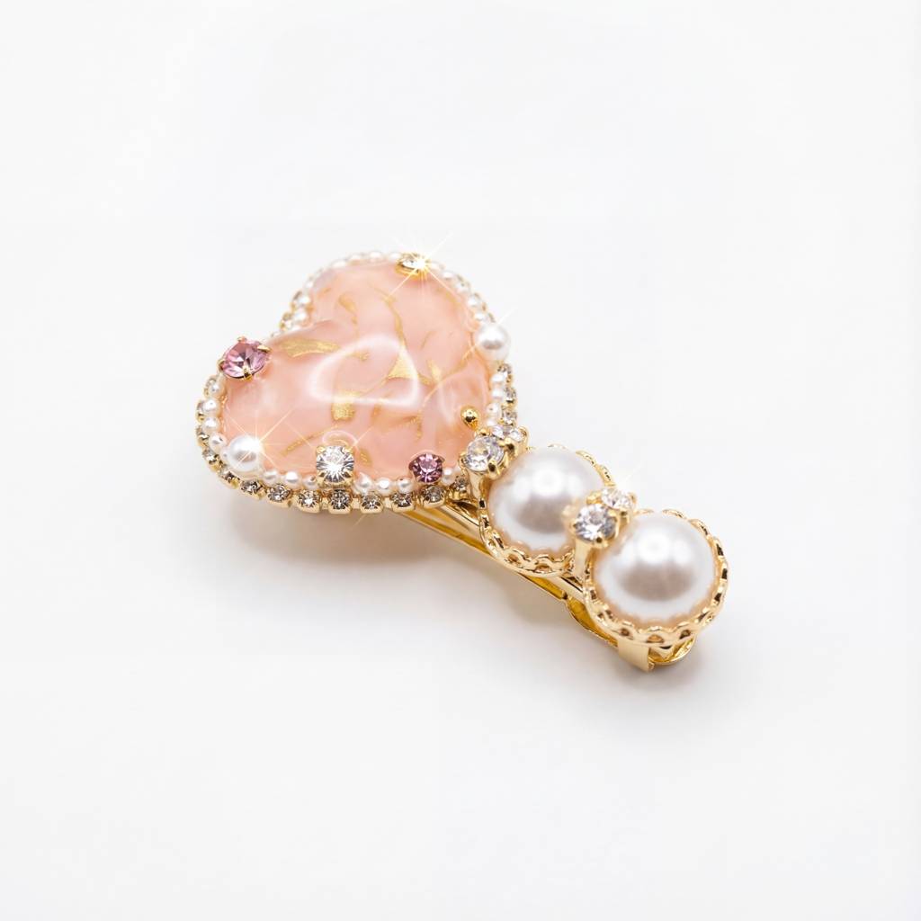 Korean Pink Ribbon-Heart & Pearl Embellished Hair Clip : YUFSHR210