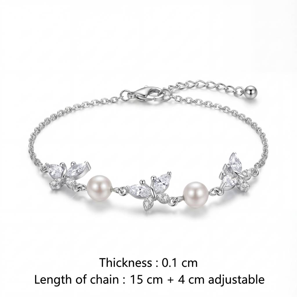 Korean Marquise Butterfly & Cultured Pearl Charm Bracelet : YUFSBR209