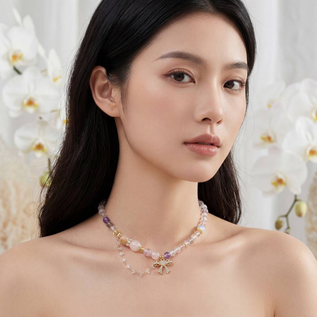Korean Whimsical Bow & Mixed Quartz Beaded Necklace : YUFSNL256