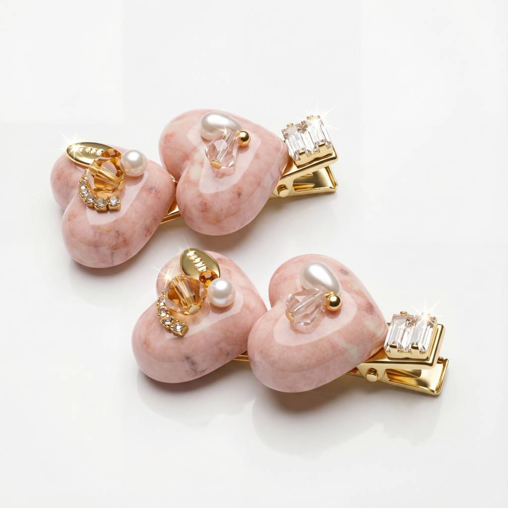Korean Blush Marble Petite Heart Duo Clips : YUFSHR212