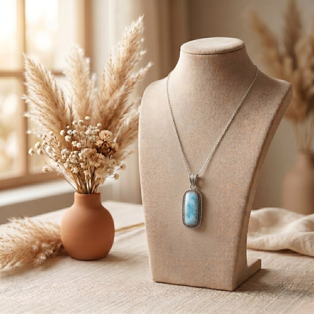 925 Sterling Silver Larimar Pendant With 18 Inch Chain | Larimar Pendant Necklace | Elegant Handmade Jewelry Gift : FU-0590