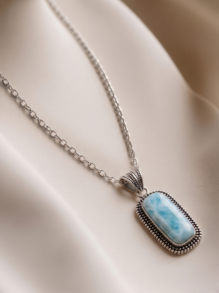 925 Sterling Silver Larimar Pendant With 18 Inch Chain | Larimar Pendant Necklace | Elegant Handmade Jewelry Gift : FU-0590