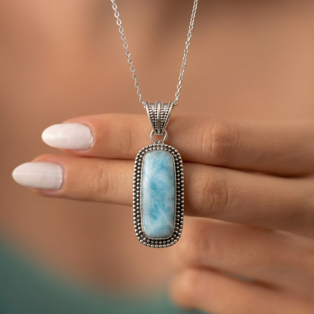 925 Sterling Silver Larimar Pendant With 18 Inch Chain | Larimar Pendant Necklace | Elegant Handmade Jewelry Gift : FU-0590