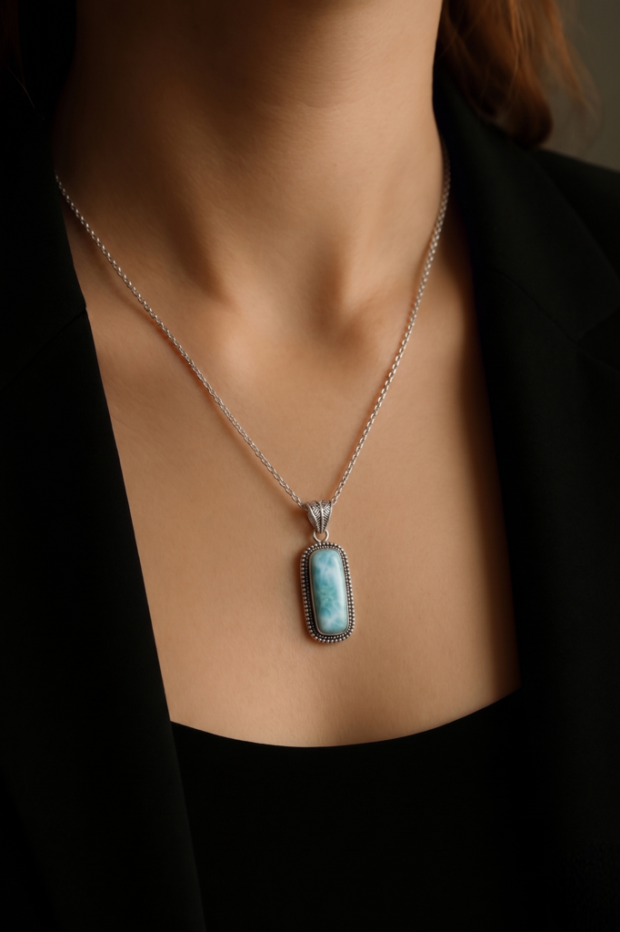 925 Sterling Silver Larimar Pendant With 18 Inch Chain | Larimar Pendant Necklace | Elegant Handmade Jewelry Gift : FU-0590