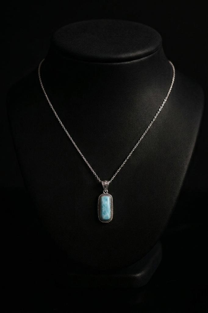 925 Sterling Silver Larimar Pendant With 18 Inch Chain | Larimar Pendant Necklace | Elegant Handmade Jewelry Gift : FU-0590