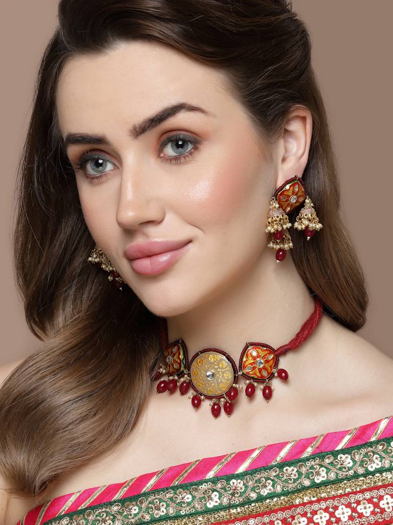 Garnet Glimmer Necklace With Earring Jewellery Set : DGNCE23020