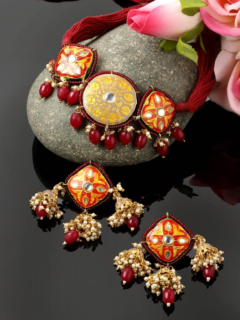 Garnet Glimmer Necklace With Earring Jewellery Set : DGNCE23020