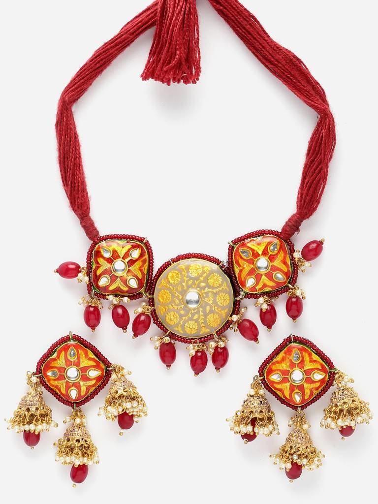Garnet Glimmer Necklace With Earring Jewellery Set : DGNCE23020