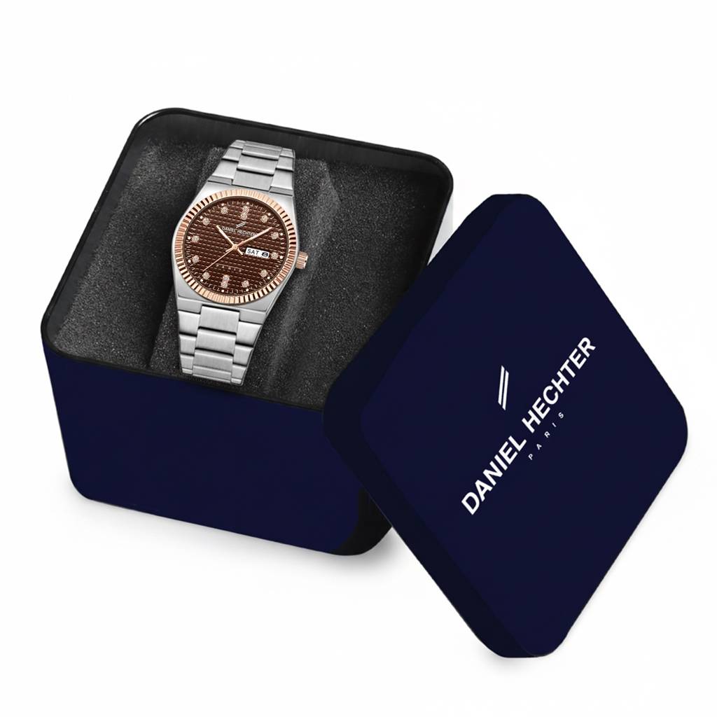 Daniel Hechter Hoche Collection Classic Analog Watch For Men – Textured Dial,Crystal Indices With Fluted Bezel, D : DHM1027-44