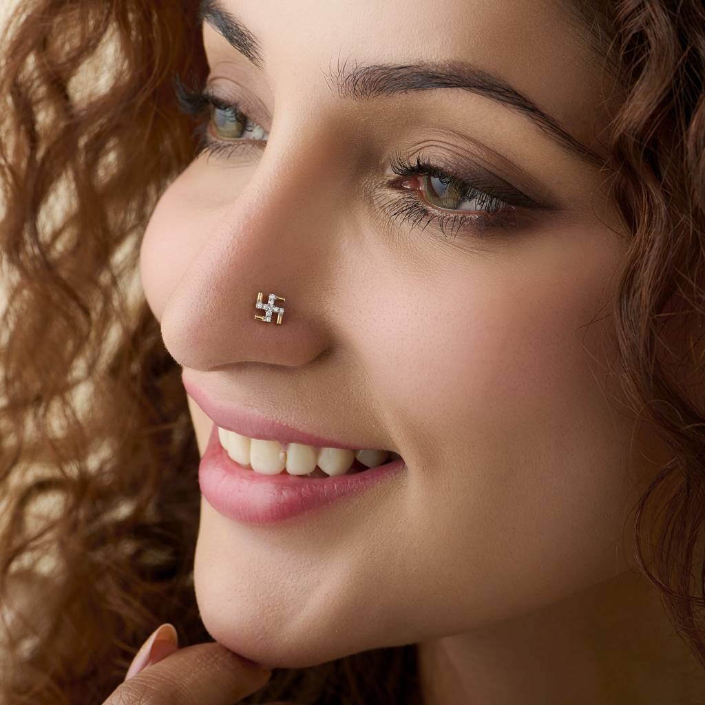 Yuvora Swastik Radiance 14K Gold  Lab Grown Diamond Nose Pin For Women | Bis Hallmarked : DIANP1001-14YG-IS