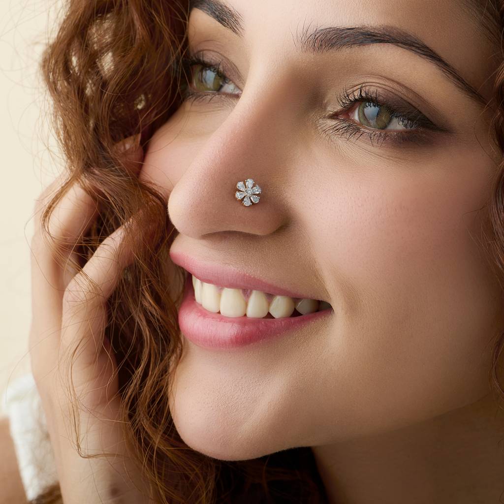 Yuvora Pearl Blossom 6 Solitaires Flower Inspired 14K Gold Nose Pin With Lab Grown Diamond | Bis Hallmarked : DIANP1018-14YG-IS