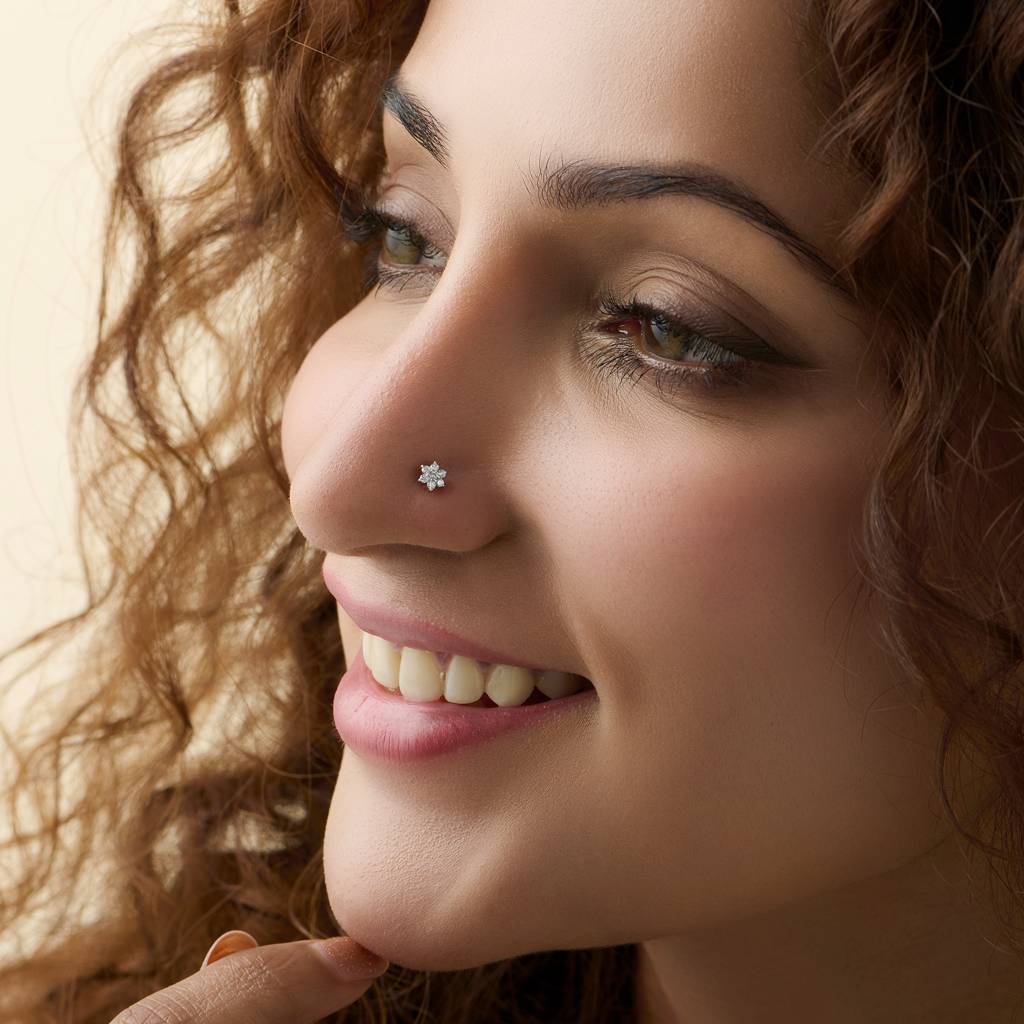 Yuvora Blush Aura 6 Petal Flower Inspired 14K Gold Lab Grown Diamond Nose Pin For Women | Bis Hallmarked : DIANP1021-14YG-IS