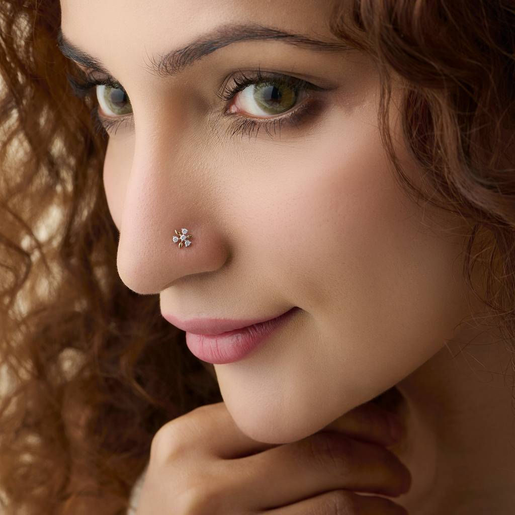 Yuvora Leaflet Glow 3 Petal Flower Inspired 14K Gold Lab Grown Diamond Nose Pin For Women | Bis Hallmarked : DIANP1025-14YG-IS