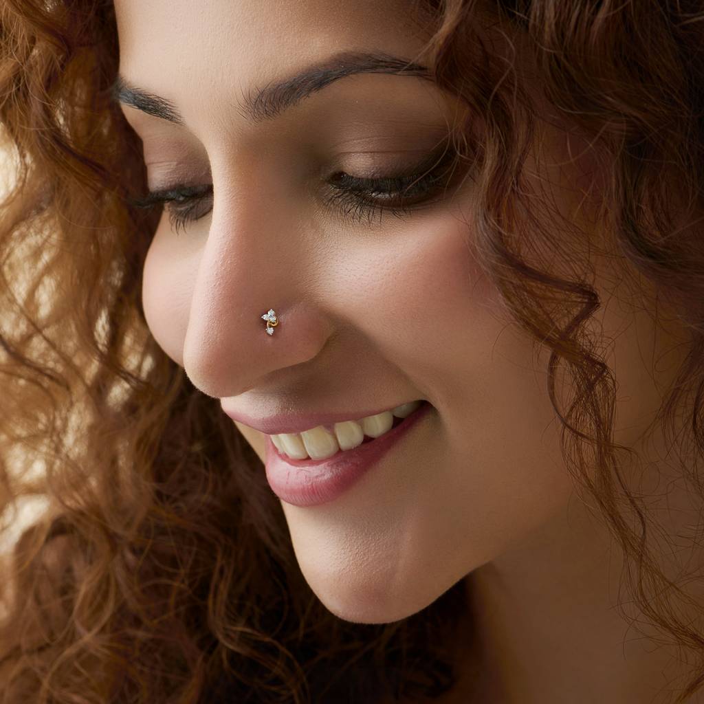 Yuvora Curve Bud Flower Inspired 14K Gold Lab Grown Diamond Nose Pin For Women | Bis Hallmarked : DIANP1027-14YG-IS