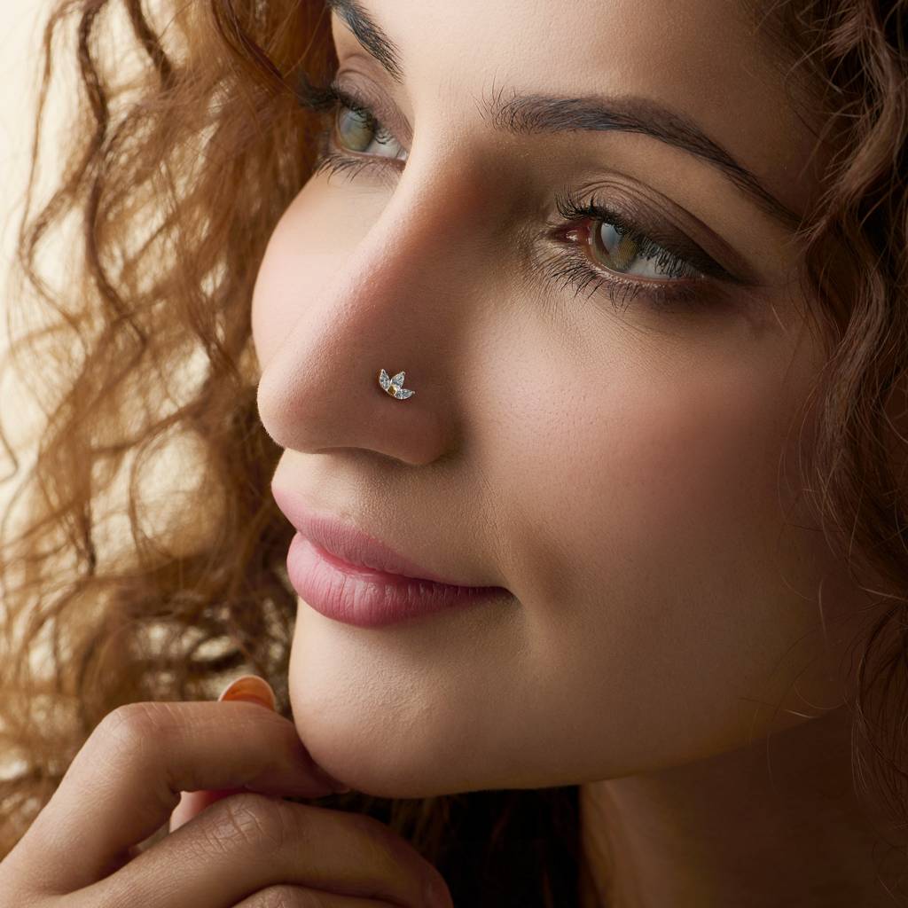 Yuvora Crown Petal 3 Flower Inspired 14K Gold Lab Grown Diamond Nose Pin For Women | Bis Hallmarked : DIANP1028-14YG-IS