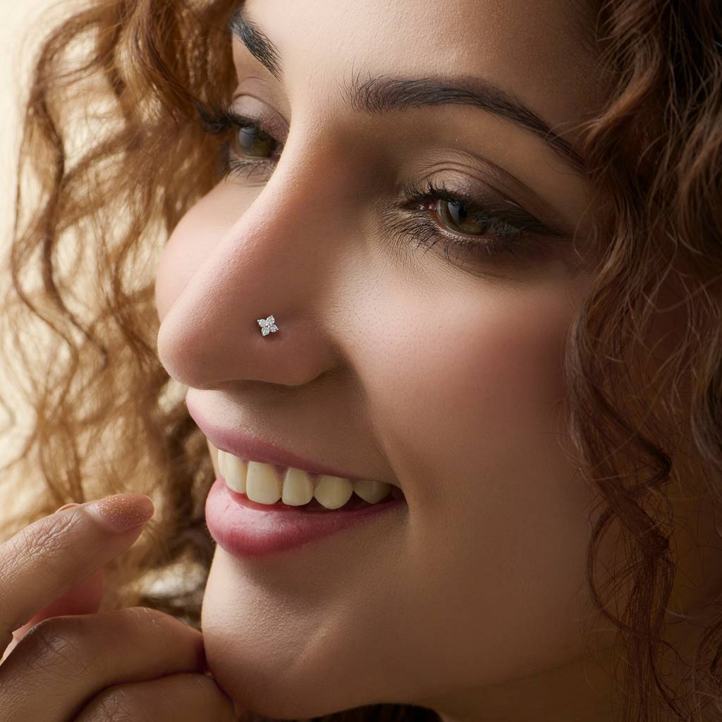 Yuvora Floral Quad 14K Gold Lab Grown Diamond Nose Pin For Women | Bis Hallmarked : DIANP1032-14YG-IS