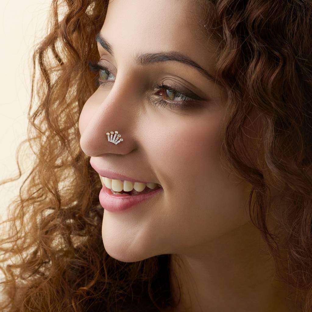 Yuvora Royal Crown 14K Gold Lab Grown Diamond Nose Pin For Women | Bis Hallmarked : DIANP1038-14YG-IS