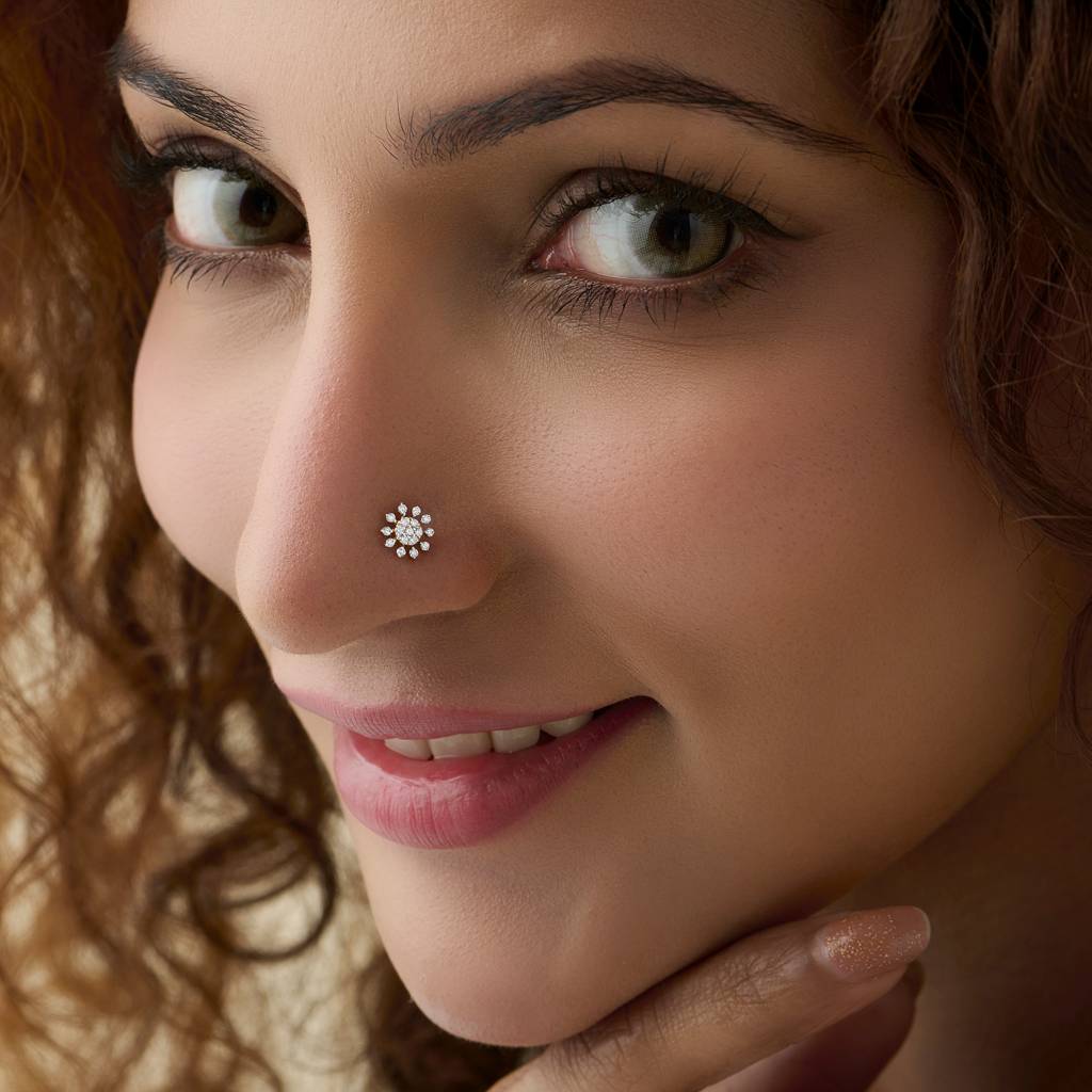 Yuvora Regal Radiance Sunrays Inspired 14K Gold Lab Grown Diamond Nose Pin For Women | Bis Hallmarked : DIANP1040-14YG-IS