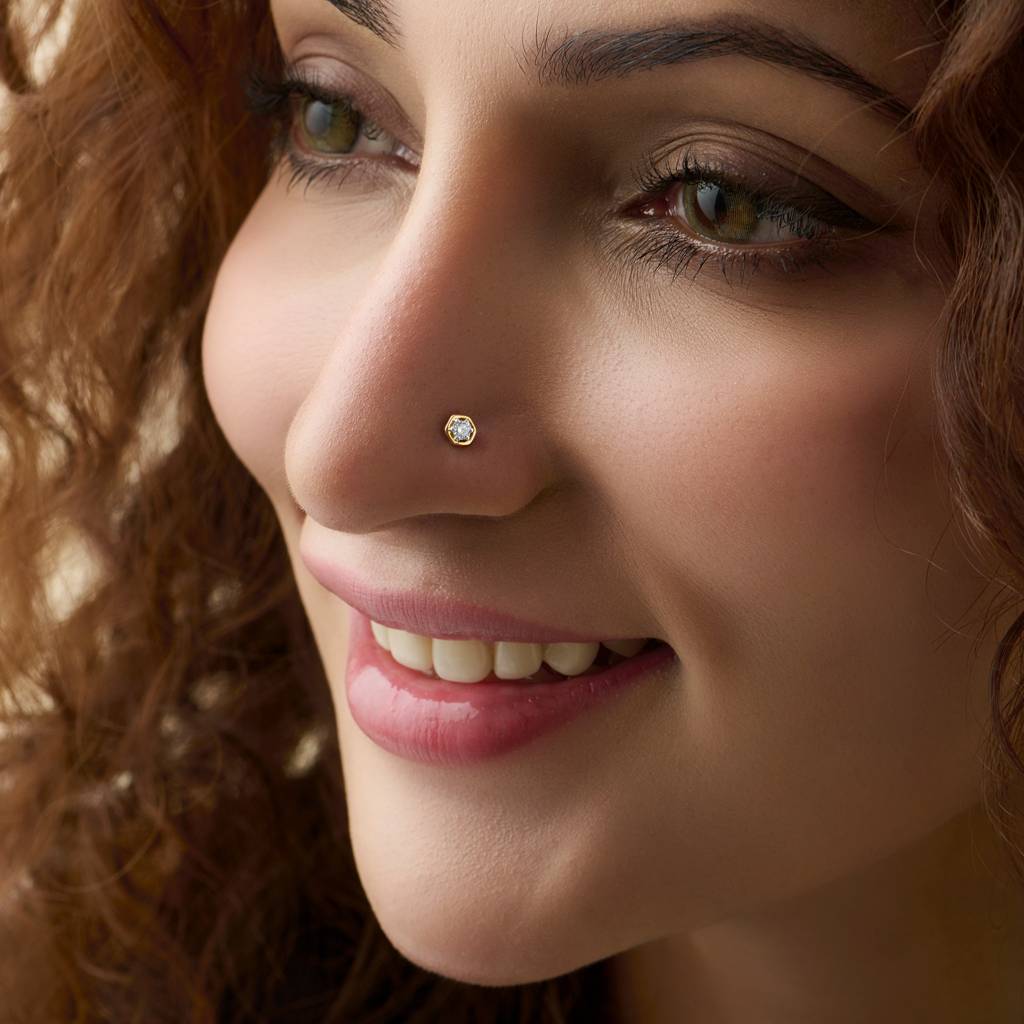 Yuvora 14K Gold Hex Royal Hexagon Inspired Lab Grown Diamond Nose Pin For Women | Bis Hallmarked : DIANP1053-14YG-IS