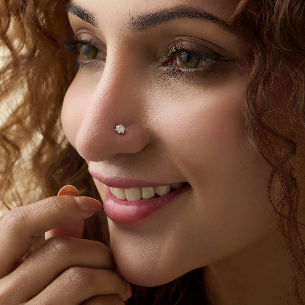 Yuvora 14K Gold Minimal Hex Honeycomb Inspired Pattern  Lab Grown Diamond Nose Pin For Women | Bis Hallmar : DIANP1079-14YG-IS