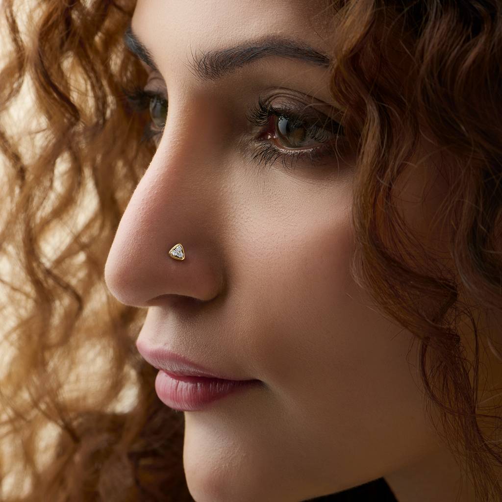 Yuvora 14K Gold Triangle Glow Three Lab Grown Diamond Nose Pin For Women | Bis Hallmarked : DIANP1094-14YG-IS