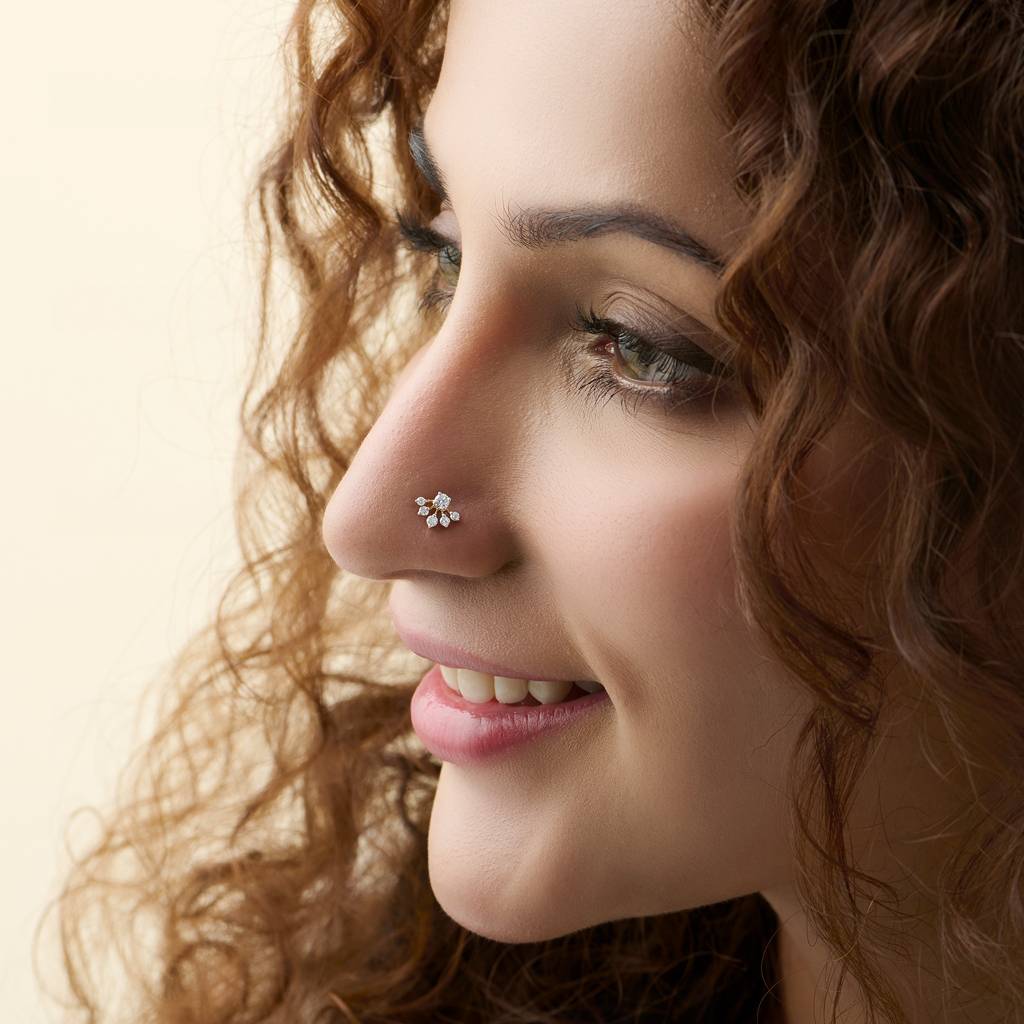 Yuvora 14K Gold Crystal Spring Inverted Flower Inspired Lab Grown Diamond Nose Pin For Women | Bis Hallmar : DIANP1116-14YG-IS