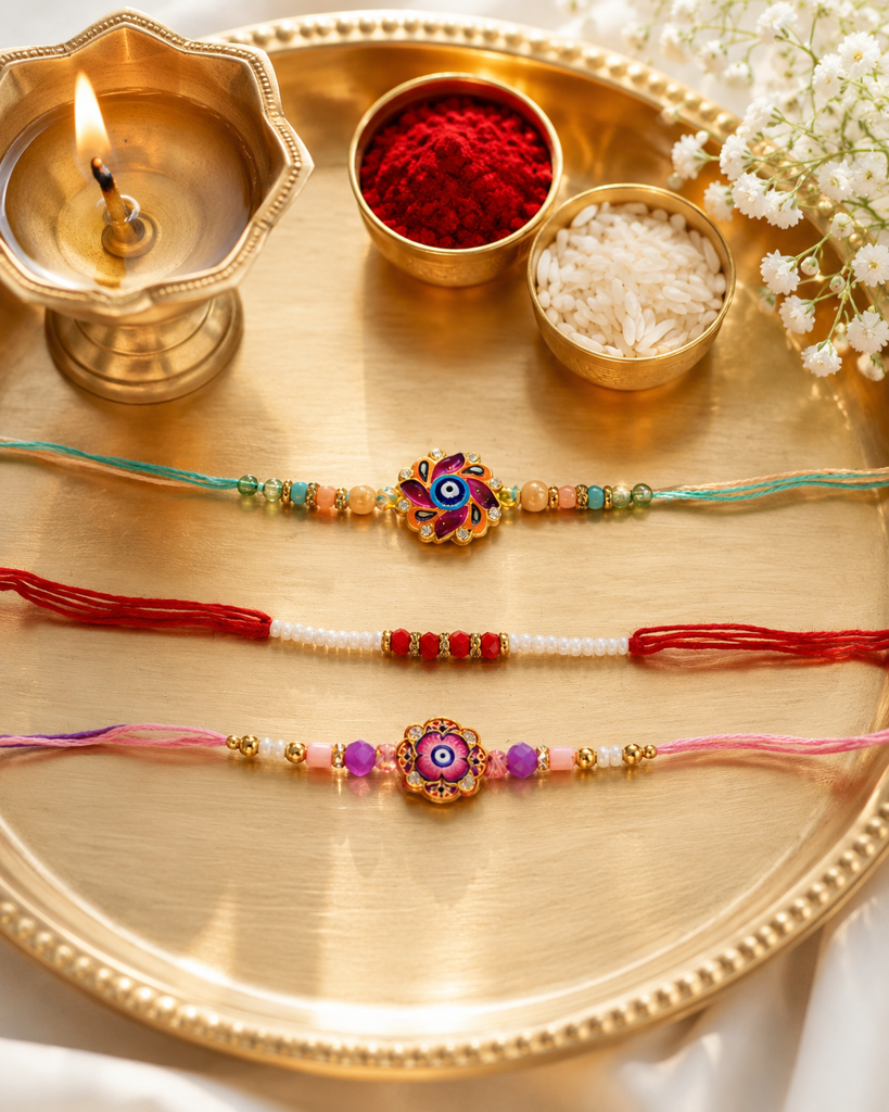 Set Of 3 Rakhis For Brother | Colourful Nazar Suraksha Flower Rakhi With Pearl Thread Rakhi | Designer Rakhi For Bhai : DR-001
