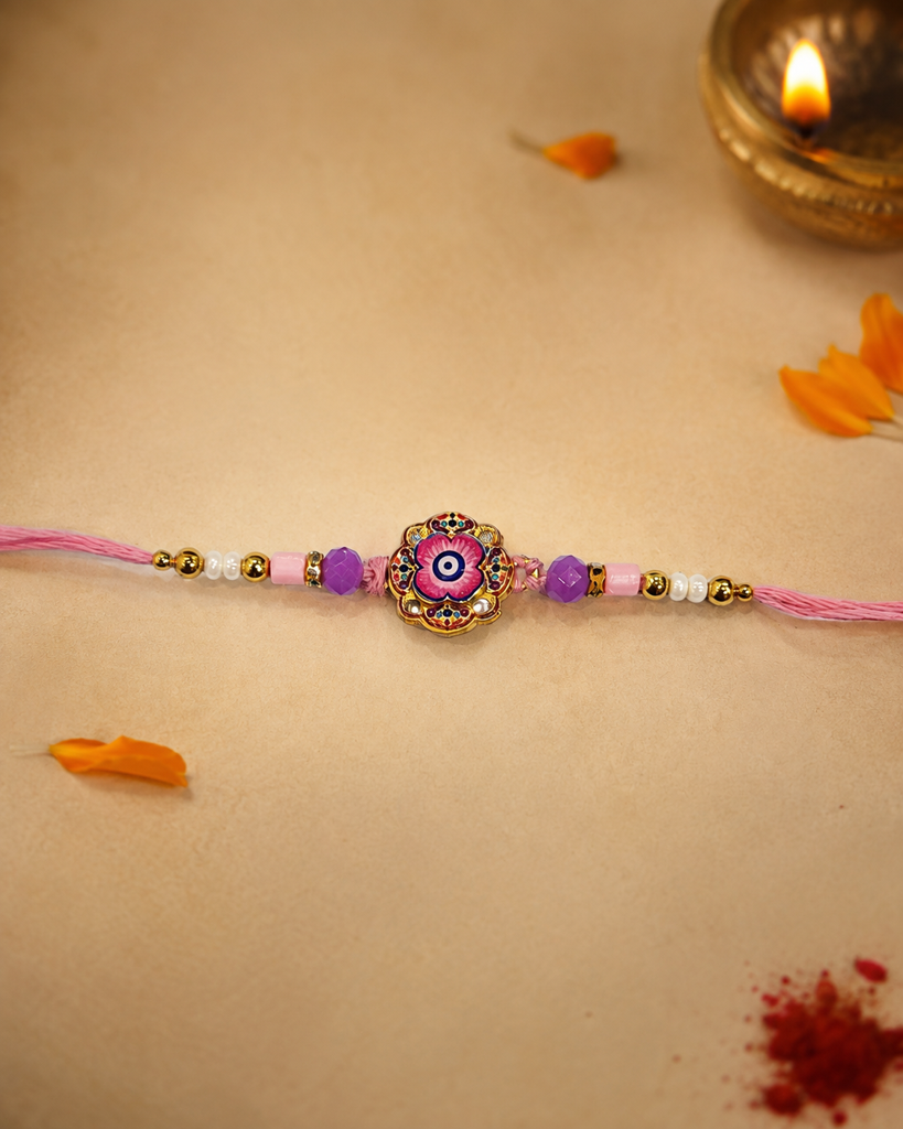 Set Of 3 Rakhis For Brother | Colourful Nazar Suraksha Flower Rakhi With Pearl Thread Rakhi | Designer Rakhi For Bhai : DR-001