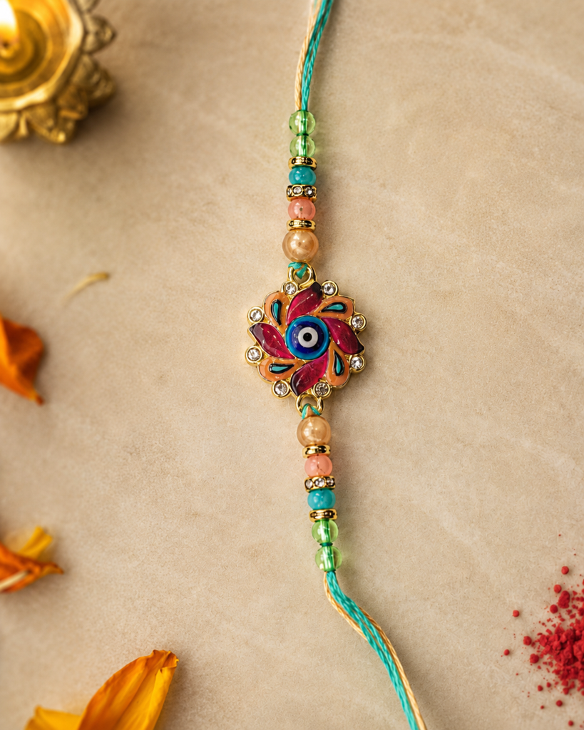 Set Of 3 Rakhis For Brother | Colourful Nazar Suraksha Flower Rakhi With Pearl Thread Rakhi | Designer Rakhi For Bhai : DR-001