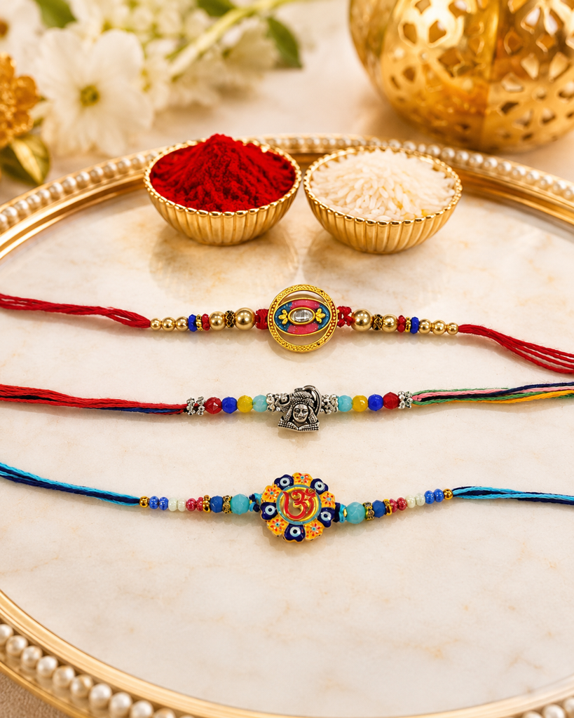 Set Of 3 Rakhis For Brother | Shiva (Mahadev), Om & Nazar Rakhi | Designer Spiritual Rakhi For Bhaiya Bhai | Raksha  : DR-0010
