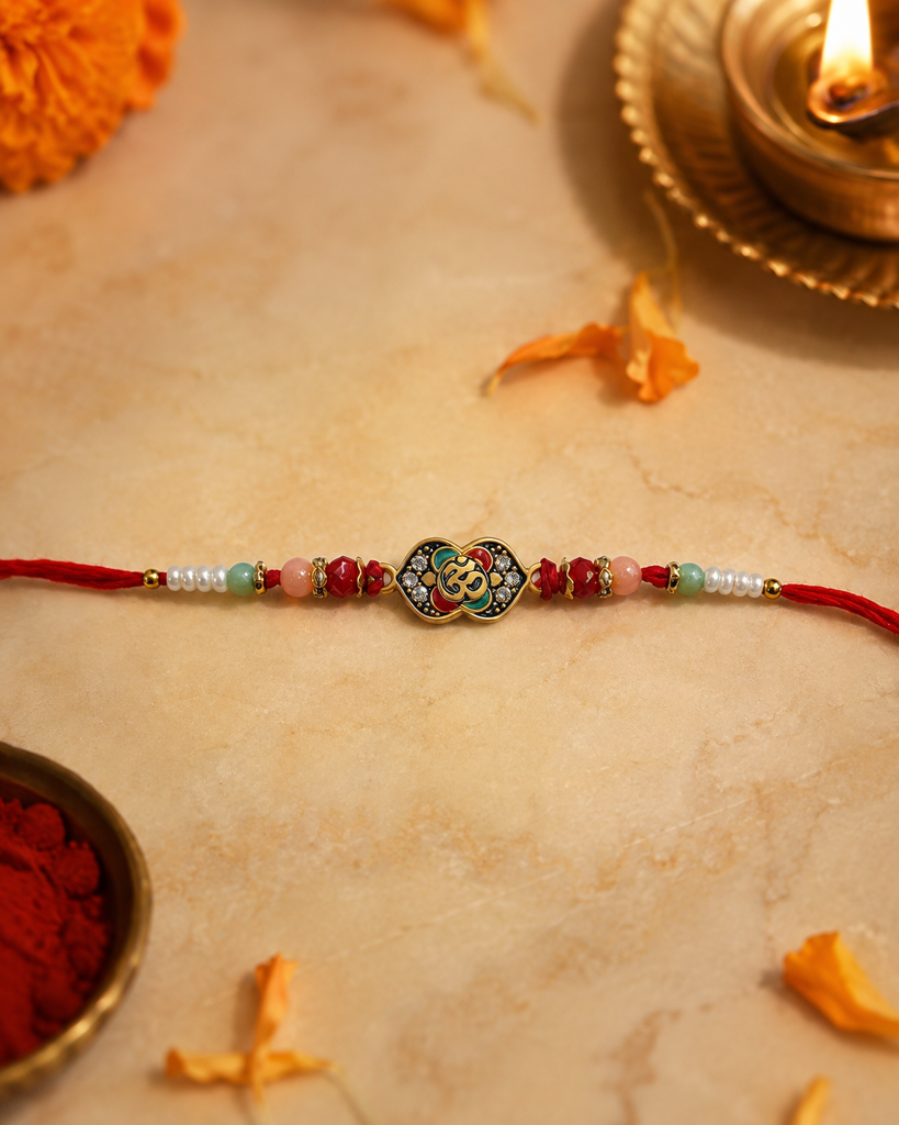 Set Of 2 Rakhi For Brother | Kundan Om Motif & Evil Eye Nazar Rakhi With Beads | Spiritual Designer Rakhi For Bha : DR-0010.17