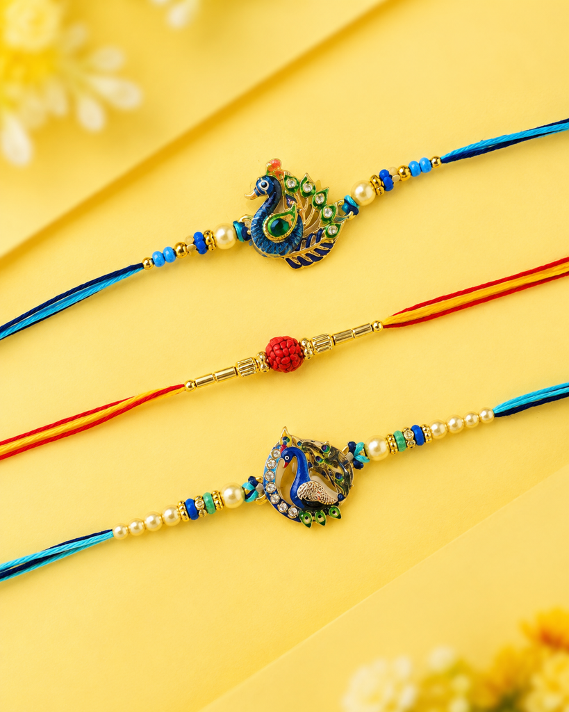 Set Of 3 Rakhis For Brother | 2 Mor (Peacock) Designer Rakhi & Rudraksha Accent Rakhi | Fancy Rakhi For Bhaiya Bhai  : DR-0011