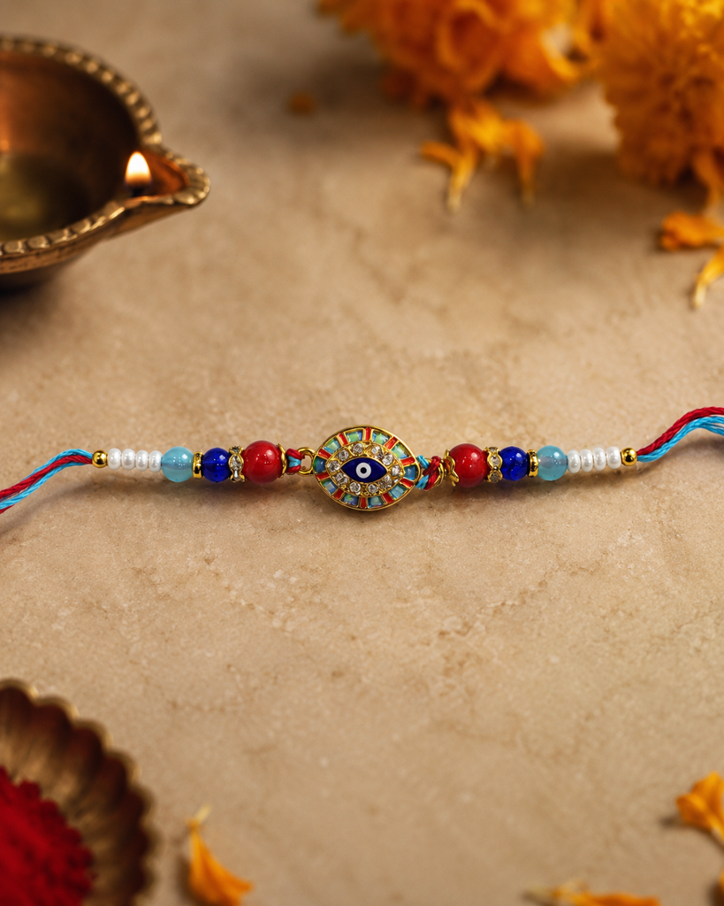 Set Of 2 Evil Eye Rakhi For Brother | Ornate Nazariya Blue-White Evil-Eye Rakhis | Designer Nazar Suraksha Rakhi  : DR-0011.17