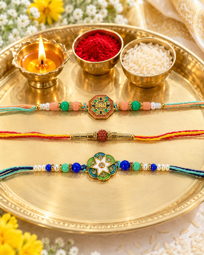 Set Of 3 Rakhis For Brother | Meenakari Bro, Floral Star & Rudraksha Rakhi | Designer Spiritual Rakhi For Bhaiya Bha : DR-0012