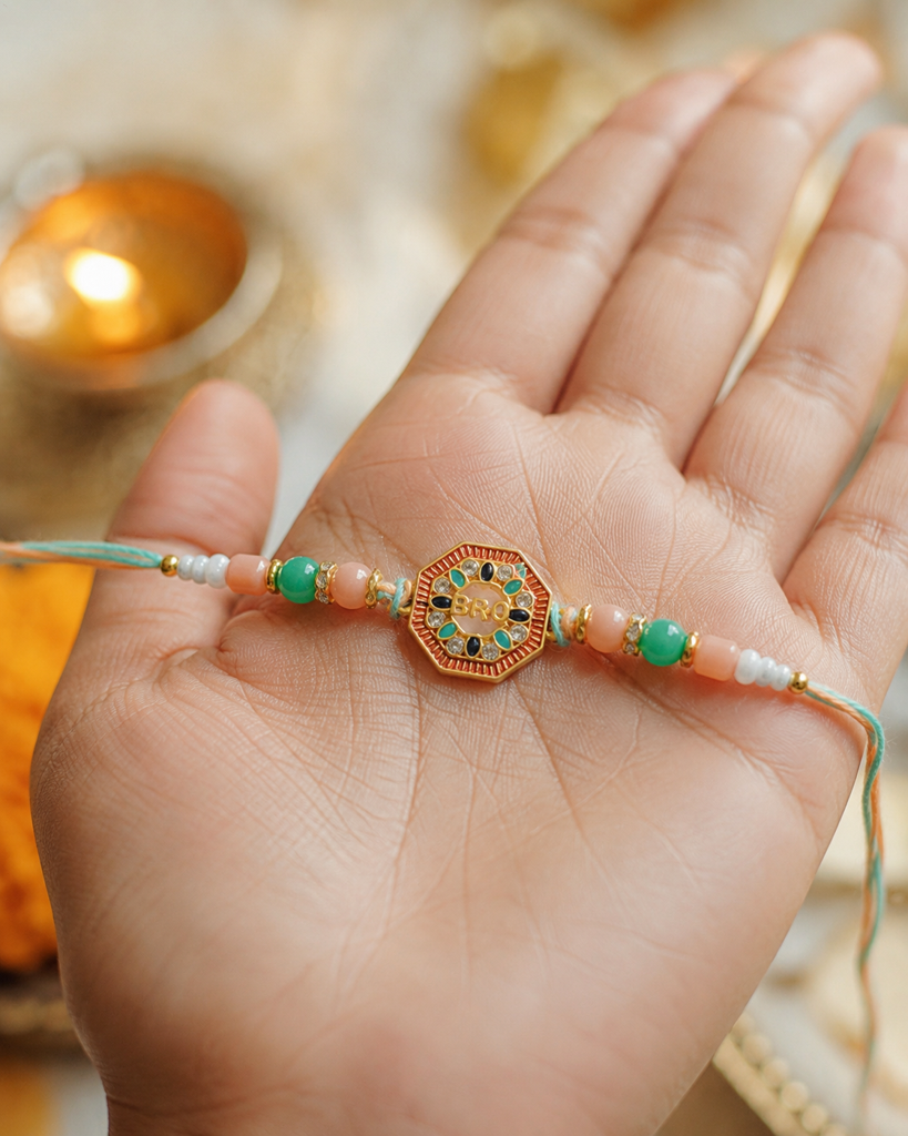 Set Of 3 Rakhis For Brother | Meenakari Bro, Floral Star & Rudraksha Rakhi | Designer Spiritual Rakhi For Bhaiya Bha : DR-0012