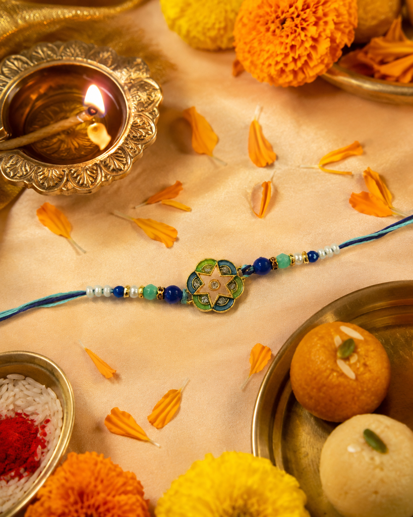 Set Of 3 Rakhis For Brother | Meenakari Bro, Floral Star & Rudraksha Rakhi | Designer Spiritual Rakhi For Bhaiya Bha : DR-0012