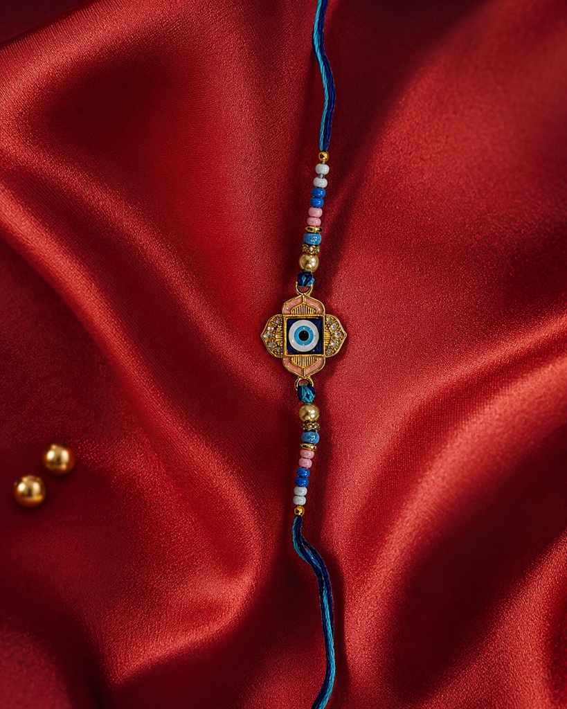 Set Of 2 Evil Eye Rakhis For Brother | Gold Clover Nazar Rakhi & Evil Eye Blue-White Beads Rakhi | Designer Nazar : DR-0012.17