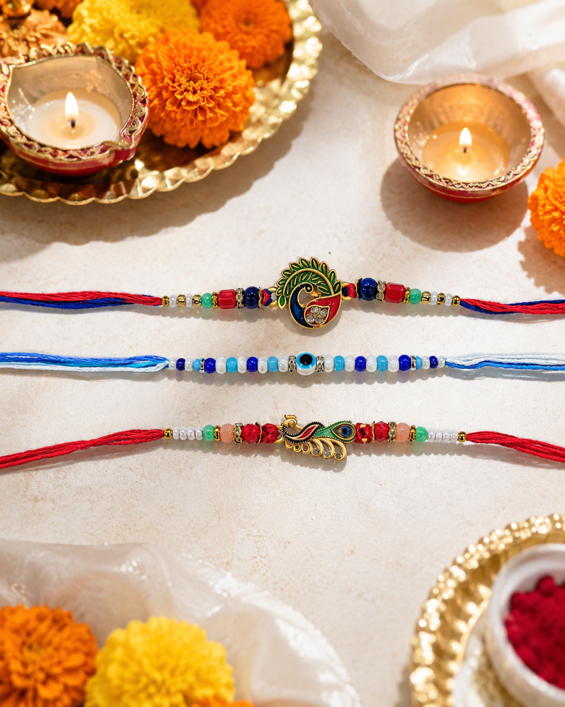 Set Of 3 Rakhis For Brother | Mor, Nazar Evil Eye & Peacock Feather Rakhi | Designer Rakhi For Bhaiya Bhai | Raksha  : DR-0013