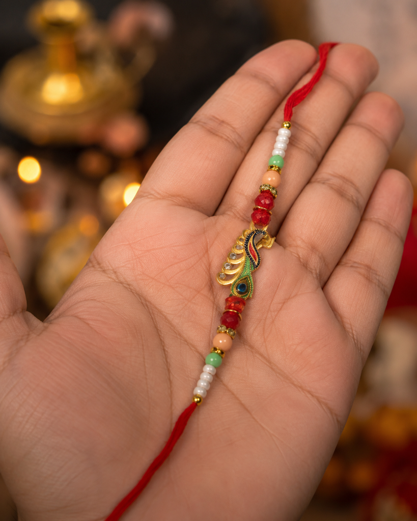 Set Of 3 Rakhis For Brother | Mor, Nazar Evil Eye & Peacock Feather Rakhi | Designer Rakhi For Bhaiya Bhai | Raksha  : DR-0013