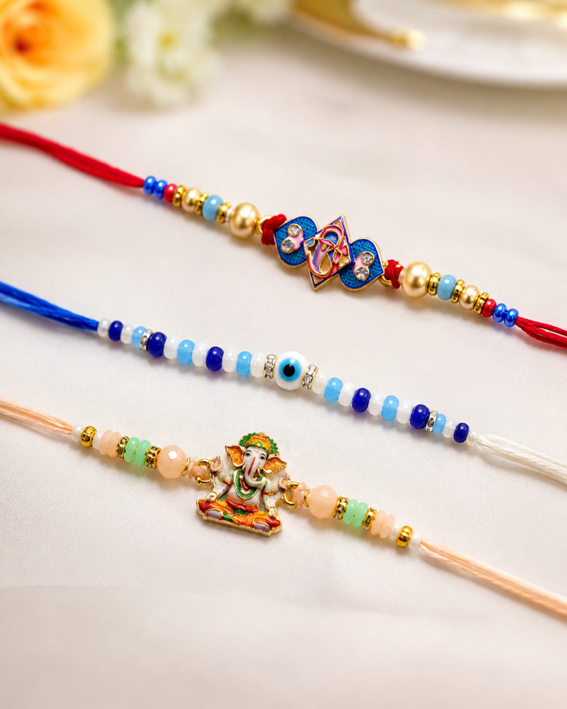 Set Of 3 Rakhis For Brother | Ganpati, Evil Eye & Ganesha Spiritual Rakhi | Designer Rakhi For Bhaiya Bhai | Raksha  : DR-0014