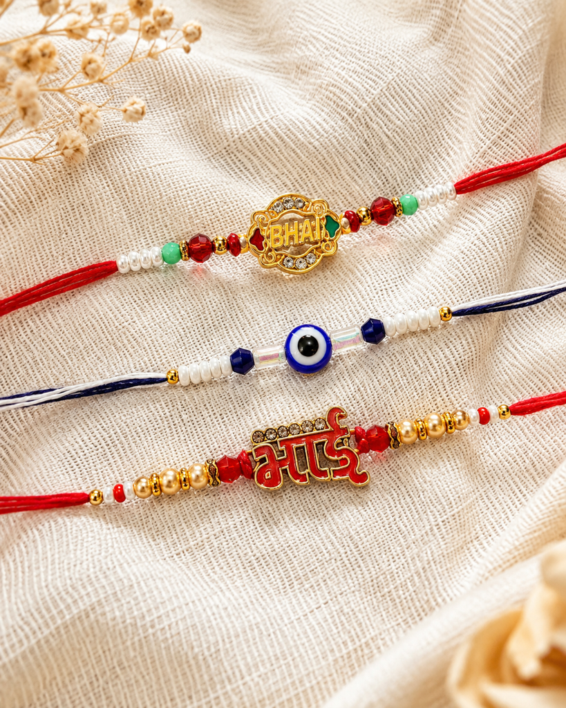 Set Of 3 Rakhis For Brother | English Bhai & Hindi Bhai Name Rakhi With Evil Eye Rakhi | Designer Rakhi For Bhaiya B : DR-0015