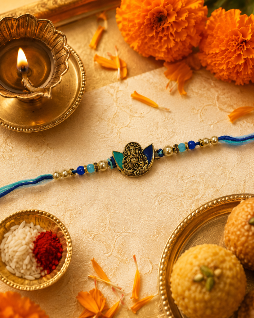 Set Of 2 Rakhi For Brother | Blue Meenakari Ganpati &Amp; Oxidized Silver Shiva Rakhi | Spiritual Designer Rakhi  : DR-0015.20