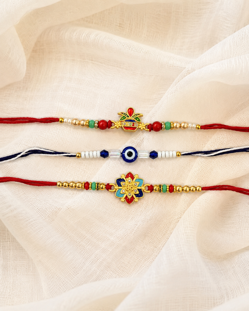 Set Of 3 Rakhis For Brother | Auspicious Kalash, Evil Eye & Floral Om Rakhi | Traditional Designer Rakhi For Bhaiya  : DR-0016