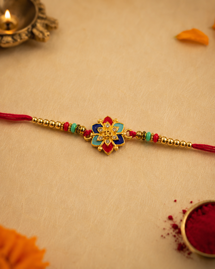 Set Of 3 Rakhis For Brother | Auspicious Kalash, Evil Eye & Floral Om Rakhi | Traditional Designer Rakhi For Bhaiya  : DR-0016